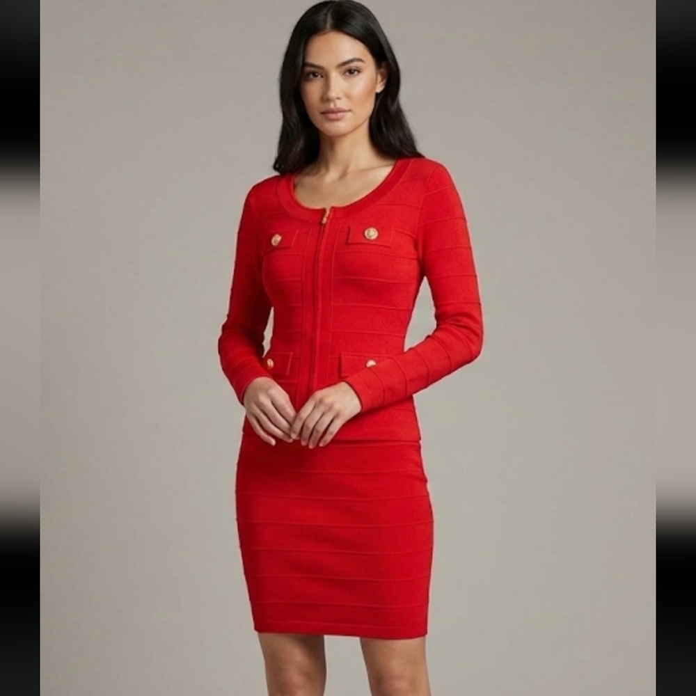 Vintage Red Long Sleeve Dress With Custom Diamond Buttons & Matching Red Skirt